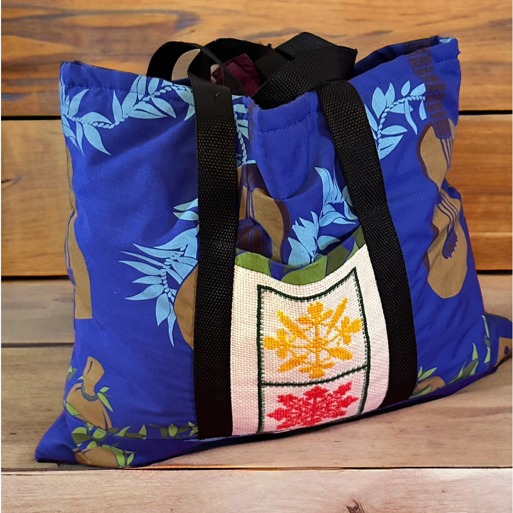 Handmade stitched Hawaiian Aloha 'Ukulele Flower print fabric Tote bag
